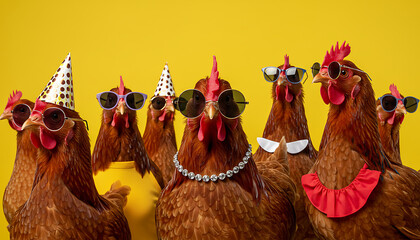 Fashionable Chickens Posing with Accessories on Yellow Background Celebrate a Party