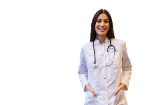 Confident and friendly doctor smiling with hands in pockets, wearing a stethoscope, on a transparent background, ready to be placed in any design