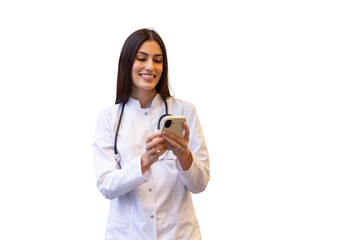 Female doctor wearing lab coat and stethoscope using smartphone, smiling, on transparent background