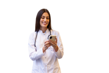 Female doctor wearing lab coat and stethoscope using smartphone, smiling, on transparent background
