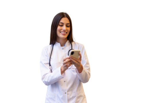 Female doctor wearing lab coat and stethoscope using smartphone, smiling, on transparent background