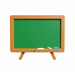 A 3d rendered illustration of a blank green school chalkboard and chalks isolated