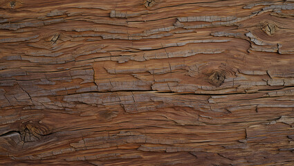 Fototapeta premium Detailed Close Up of Weathered Wooden Plank with Cracks and Knots Rustic Brown Wood Texture Background for Graphic Design and Mockups