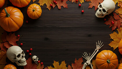 Autumnal Halloween Flat Lay: Pumpkins, Skulls and Fall Leaves
