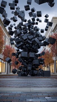 Black cubes flying up into the sky to create a piece of modern art - public sculpture art display in the city