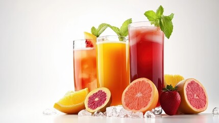Fototapeta premium Refreshing Fruit Juices with Mint and Citrus Slices on Ice