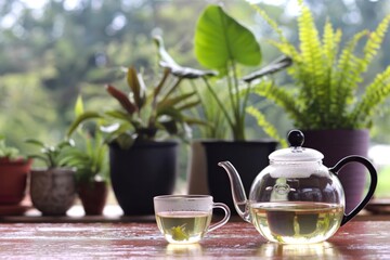 Glass teapot and cup with blooming tea and plants