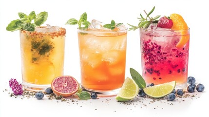 Refreshing Summer Cocktail Trio with Colorful Ingredients and Garnishes