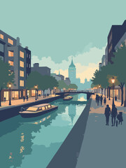 Fototapeta premium Birmingham – Canalside Brindleyplace with modern architecture, canal boats, and lantern-lit pathways in slate gray, deep teal, copper bronze, and soft white