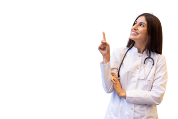 Female doctor wearing lab coat and stethoscope pointing up with index finger, smiling and looking up on a transparent background