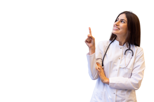 Female doctor wearing lab coat and stethoscope pointing up with index finger, smiling and looking up on a transparent background - Powered by Adobe