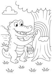 Obraz premium Coloring book crocodile painting a rainbow on a tree.