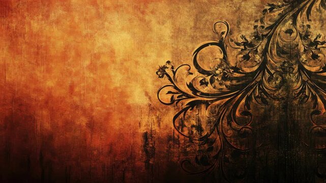 Ornate black floral design on rich orange background
