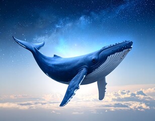 Majestic whale soaring through a night sky filled with stars and clouds