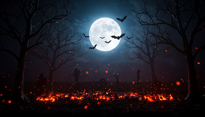 Spooky Halloween Night with Bats, Graveyard, Moon, and Hot Embers