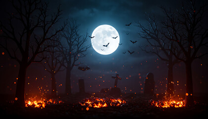 Spooky Halloween Night Scene with Full Moon and Bats