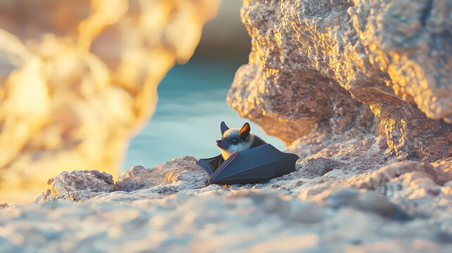 Bat Hiding In Rock Crevice At Sunset Beach - Powered by Adobe