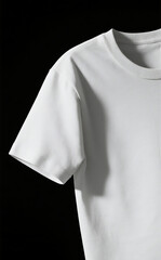 Realistic Digital Mockup of a Plain White T-Shirt with Visible Texture and Subtle Folds, Set Against a Dramatic Black Background for High-Contrast Apparel Design Presentation