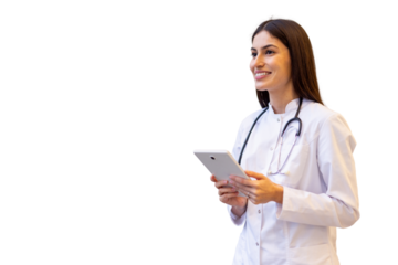 Female doctor wearing lab coat and stethoscope holding tablet and smiling while looking away on transparent background