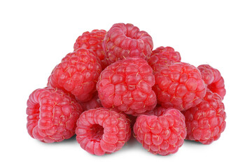 Macro image of pile, stack of fresh ripe red raspberries isolated on white, transparent background. Organic berry, healthy lifestyle and nutrition concept. Perfect for summer food, harvest themes