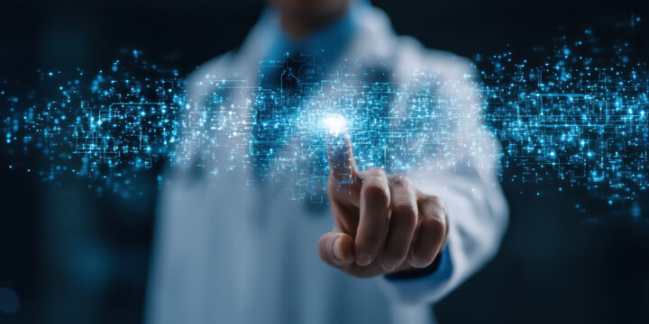 Doctor in white coat interacts with digital interface in clinical nutrition lab, futuristic technology and innovation in healthcare research