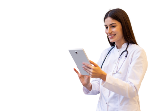 Professional healthcare worker checking medical records on digital tablet, wearing stethoscope