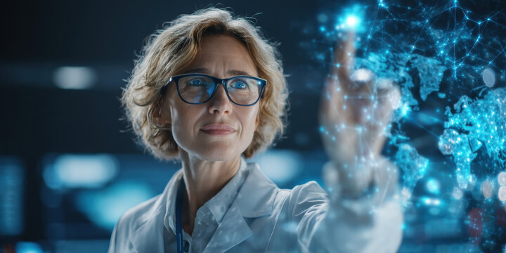 Female scientist laboratory digital interface metabolic health research technology innovation analysis data futuristic focused blue professional