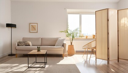Light Living Room with Folding Screen, Comfortable Sofa, Coffee Table, and Chest of Drawers