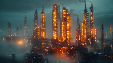 Naklejka premium Futuristic industrial cityscape with glowing surreal architecture