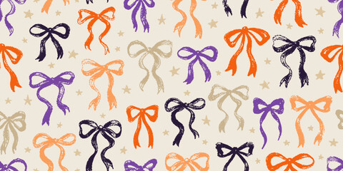 Pattern with bows. Halloween bow seamless print. Cute ribbon coquette vector. Black purple and orange background. Fall girly floral bg. Sketchy design, hand drawn brush texture. Spooky wrapping paper