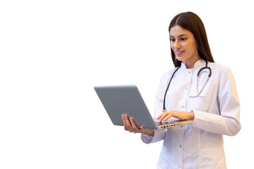 Female doctor reviewing medical records on laptop, wearing professional medical attire, white background