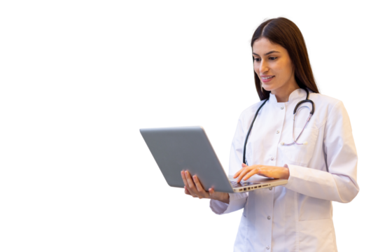 Female doctor reviewing medical records on laptop, wearing professional medical attire, white background - Powered by Adobe