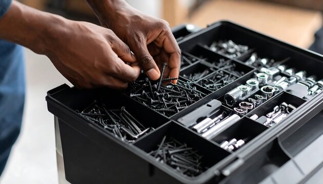 Hands sorting screws and bolts in a black toolbox