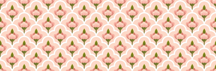 Elegant Seamless Indian Pichwai Mughal Pattern with Stylized Pink Flowers and Arched Motifs