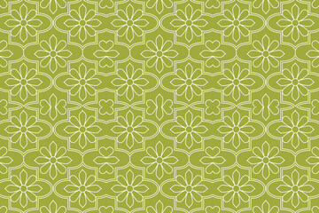 Seamless Floral Outline Pattern with Stylized Daisies and Heart Motifs in Lime Green