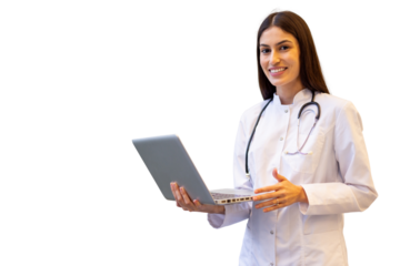 Female doctor wearing lab coat and stethoscope, holding open laptop and smiling on a transparent background