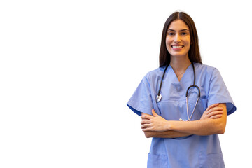 Confident and friendly, a young female doctor smiles with crossed arms, ready to provide care, on a...