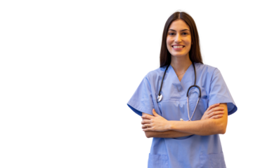 Confident and friendly, a young female doctor smiles with crossed arms, ready to provide care, on a transparent background