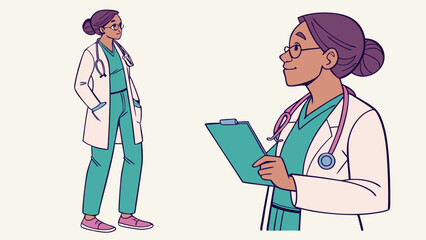 Illustration of a female doctor in scrubs and lab coat with a stethoscope and clipboard on white