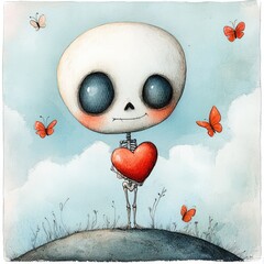 With a heart in its hand, a baby skeleton stands atop a hill under a sky filled with soft watercolor clouds and fluttering butterflies.
