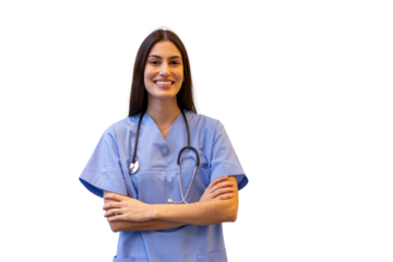 Confident female doctor smiling with arms crossed, wearing blue scrubs and stethoscope, against a transparent background