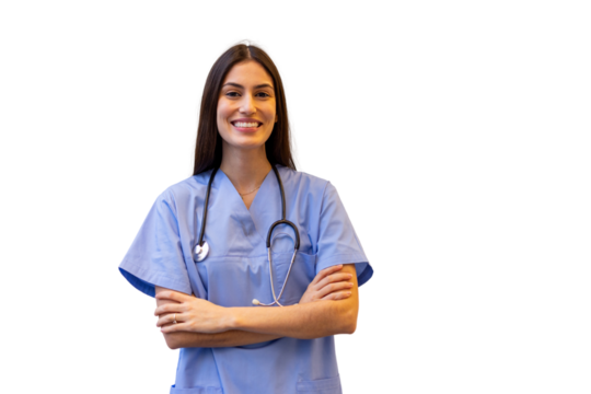 Confident female doctor smiling with arms crossed, wearing blue scrubs and stethoscope, against a transparent background