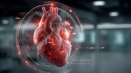 3D hologram of the human heart with visualized data and graphs. Minimalist medical center. Suitable for lighting, telemedicine, presentations.