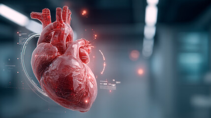 3D hologram of the human heart with visualized data and graphs. Minimalist medical center. Suitable for lighting, telemedicine, presentations.
