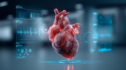 3D hologram of the human heart with visualized data and graphs. Minimalist medical center. Suitable for lighting, telemedicine, presentations.