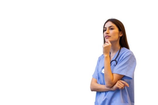 Pensive doctor wearing stethoscope evaluating patient care strategy, standing against transparent backdrop for medical graphic design
