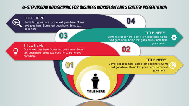 4 Step Arrow Infographic Template for PowerPoint Presentations, Editable Vector Design with Icons and Text Boxes for Business, Marketing, Strategy, and Workflow Diagrams