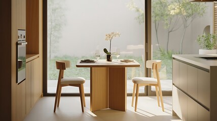 Modern minimalist kitchen breakfast nook with light wood table and two chairs bathed in natural light from a large window