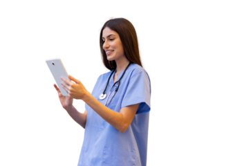 Young female doctor wearing blue scrubs and stethoscope, smiling while using digital tablet, isolated on transparent background