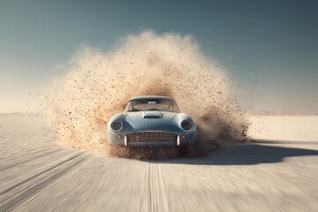 Vintage Blue Sports Car Drifting Through Desert Leaving Cloud of Sand and Dust